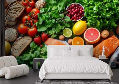 Colorful spread of fresh fruits, vegetables, nuts, bread, and fish showcasing a healthy lifestyle and culinary abundance Wall mural