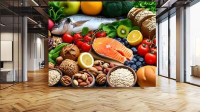 Colorful spread of fresh fruits, vegetables, nuts, bread, and fish showcasing a healthy lifestyle and culinary abundance Wall mural