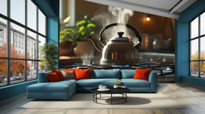 Cozy kitchen scene with a steaming stovetop kettle glowing in soft light Wall mural