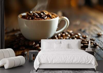 Cozy morning scene with a cup of coffee and scattered beans, embracing the aromatic start of the day Wall mural