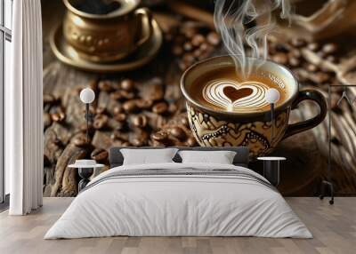 Cozy Morning Vibes with Steaming Coffee Cup and Heart Design on Rustic Table Surrounded by Coffee Beans Wall mural