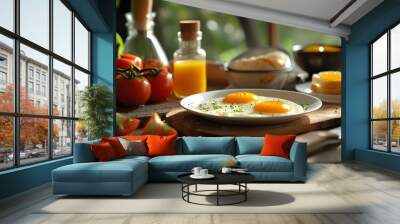 Culinary Delight: Breakfast Creation with Fresh Ingredients Illuminated by Natural Light Wall mural