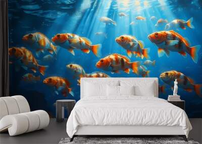 Dancing school of fish illuminated by sunbeams in the tranquil depths of the blue ocean Wall mural