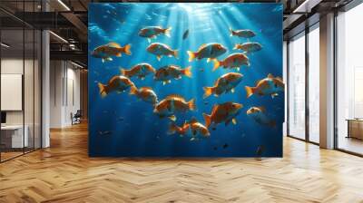 Dancing school of fish illuminated by sunbeams in the tranquil depths of the blue ocean Wall mural