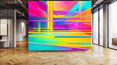 Dynamic abstract composition featuring vibrant neon color gradients, interwoven geometric shapes, and blurred architectural forms creating a futuristic layered visual experience Wall mural