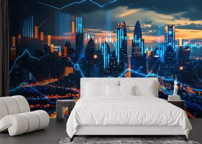 Dynamic Finance Visualization: Urban Elements and Market Data Intersecting with Intense Blue and Orange Lights for Swift Financial Decision-Making Wall mural