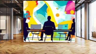 Dynamic silhouettes in a vibrant, abstract setting for a software development job interview scene Wall mural