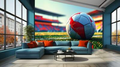 Dynamic soccer field scene showcasing a lively atmosphere with a vibrant ball, embodying the spirit of the game. Wall mural