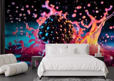 Dynamic splash of blackberries in vibrant colors and bright lighting Wall mural