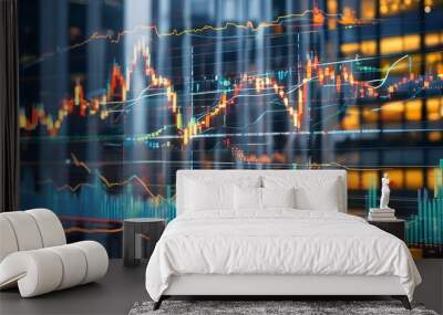 Dynamic stock market backdrop featuring an ascending chart and diverse financial data elements Wall mural