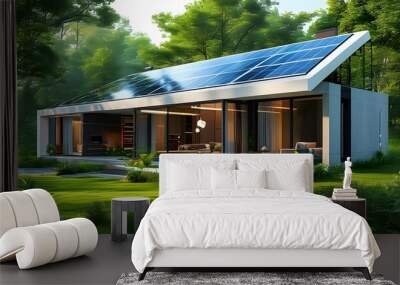 Eco-friendly solar-powered smart home integrated with innovative energy solutions in a vibrant green landscape Wall mural