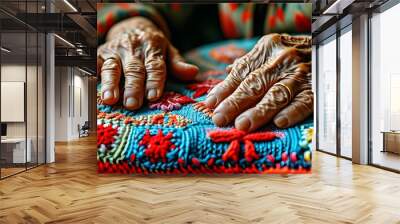 Elderly Hands on Colorful Knitted Fabric Emphasizing Intricate Patterns and Textures, Symbolizing Warmth and Craftsmanship Wall mural