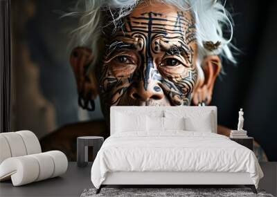 Elderly individual showcasing intricate tribal face tattoos and gray hair, embodying rich cultural heritage against a dark backdrop Wall mural