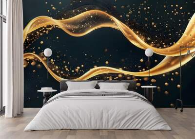 Elegant golden waves and shimmering particles on a dark abstract background Wall mural