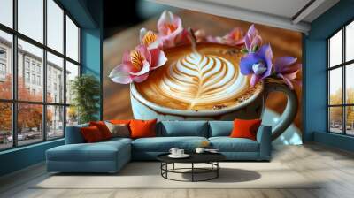 Elegant latte art atop a glass of coffee surrounded by vibrant Torenia flowers, showcasing a blend of creativity and nature in a captivating setting Wall mural