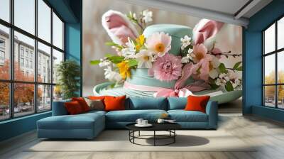 Elegant pastel Easter bonnets adorned with spring flowers and pink ribbons, embodying a stylish and romantic spring fashion theme Wall mural