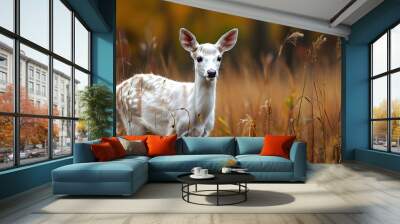 Elegant white Fallow deer gracefully posed amidst golden autumn grasses Wall mural