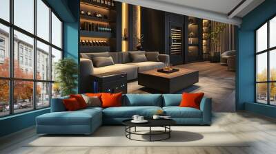 Elegantly designed luxury lounge for relaxation and indulgence, featuring a smart humidor, wine fridge, and modern black ranch-style aesthetics Wall mural