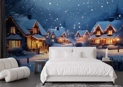 Enchanting winter village aglow with lights, snow-kissed rooftops, and a whimsical atmosphere of swirling snowflakes Wall mural