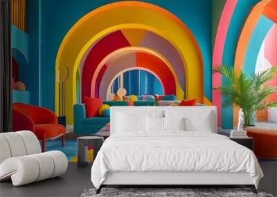 Energetic modern interior design showcasing geometric patterns, bold furniture, and striking arched architectural elements Wall mural