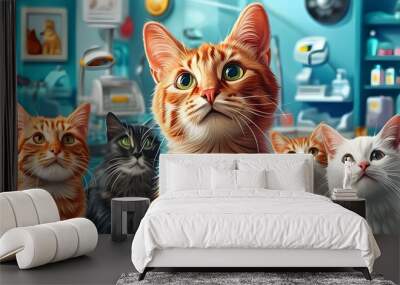 Engaging Cat Breed Identification Interactive Tool in Vibrant Vector Art Set in a Cheerful Pet Clinic Background Wall mural