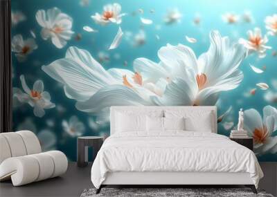 Ethereal white fabric and floral petals dance in the air, creating a serene, dreamy atmosphere reminiscent of fresh laundry and blooming blossoms. Wall mural