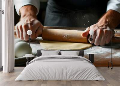 Expert hands shaping dough with a rolling pin in a cozy kitchen setting Wall mural