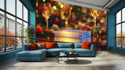 Festive digital art of a sparkling bar graph on a luxurious table, adorned with glittering decorations in a vibrant atmosphere Wall mural