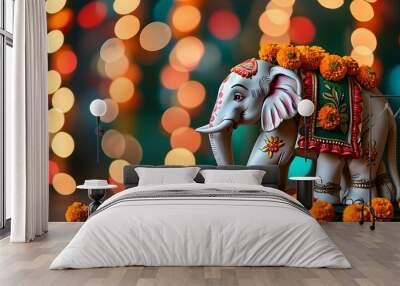 Festive Indian elephant adorned with marigold flowers set against a dreamy bokeh backdrop, celebrating Ugadi and Gudi Padwa with vibrant cultural essence Wall mural