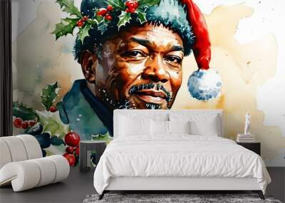 Festive watercolor portrait of a joyful African American man in a Santa hat adorned with Christmas holly, embodying the spirit of holiday celebration and cheer Wall mural