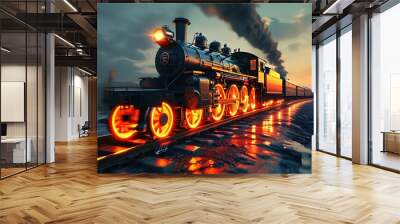 Fiery orange light illuminating train wheels in motion on a railway track, symbolizing speed and power Wall mural