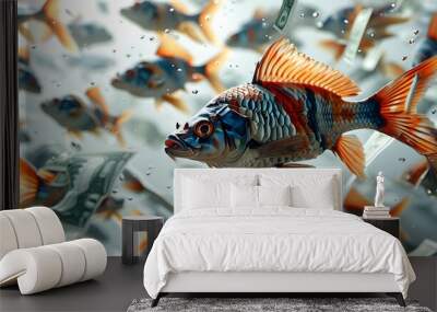 Fish navigating through a sea of paper currency, symbolizing economic currents, with a realistic backdrop isolated on white for text placement Wall mural