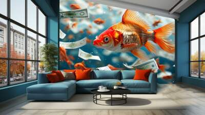 Fish navigating through a sea of paper currency, symbolizing economic currents, with a realistic backdrop isolated on white for text placement Wall mural