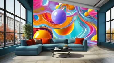 Floating Abstract Spheres and Organic Shapes in a Vibrant Liquid Composition Wall mural