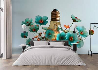 Floral light bulb adorned with turquoise and amber flowers featuring artistic numbers against a crisp white background Wall mural