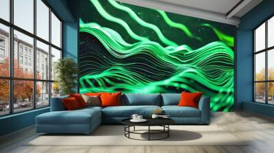 Futuristic 3D Wavy Abstract Background with Vibrant Green Particles in a Digital Illustration Wall mural