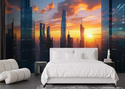 Futuristic cityscape featuring a stunning skyscraper silhouette at sunset with intricate glass facades and metallic details in a photorealistic style Wall mural