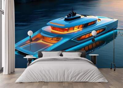 Futuristic electric yacht illuminated at night, showcasing luxury travel and innovative design on tranquil waters Wall mural