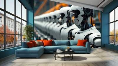 Futuristic factory scene showcasing rows of robots engaged in mass production of advanced androids, highlighting innovation and technology in automation Wall mural