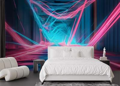 Futuristic Glow of Abstract Lines and Laser Technology in Neon Blue and Pink Spectrum on Minimalist Background Wall mural