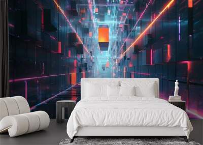 Futuristic glowing tunnel adorned with cascading cubes in an abstract digital landscape Wall mural