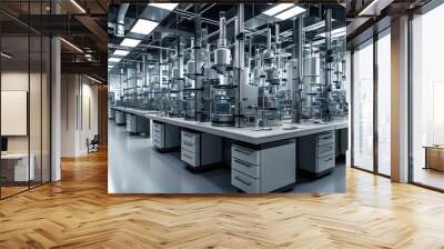 Futuristic laboratory filled with cutting-edge equipment in a pharmaceutical production environment Wall mural