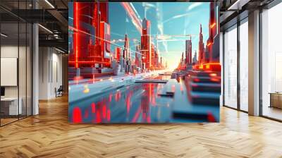 Futuristic red and white digital landscape featuring glowing geometric shapes and a blurred cityscape in dynamic motion Wall mural