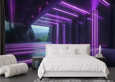 Futuristic Stage Bathed in Purple Glowing Lines Against a Cosmic Backdrop Wall mural