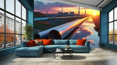 Futuristic sunset landscape featuring innovative pipelines blending technology with natural beauty in an industrial setting Wall mural