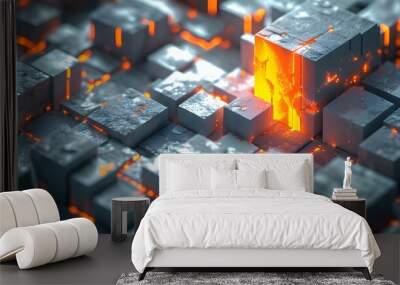 Futuristic urban landscape of gray and white cubes illuminated by neon light with vibrant orange accents Wall mural