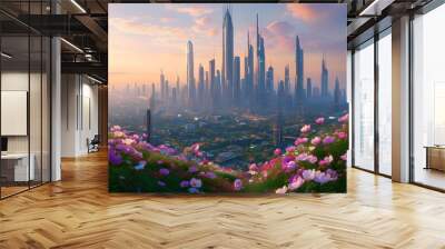 Futuristic urban skyline adorned with vibrant flowers illuminated by the gentle light of dawn Wall mural