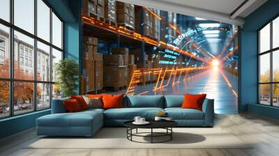 Futuristic warehouse with illuminated pathways and advanced digital cargo tracking, showcasing the evolution of distribution and storage technology Wall mural