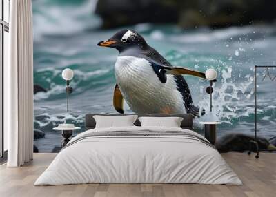 Gentoo penguins surfacing from the ocean in the scenic Falkland Islands Wall mural