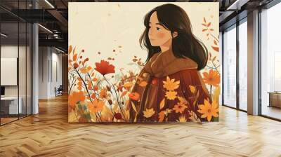 Girl Surrounded by Autumn Blooms in a Colorful Seasonal Landscape Wall mural